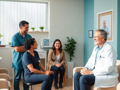 Friendly healthcare providers in a cozy clinic setting.