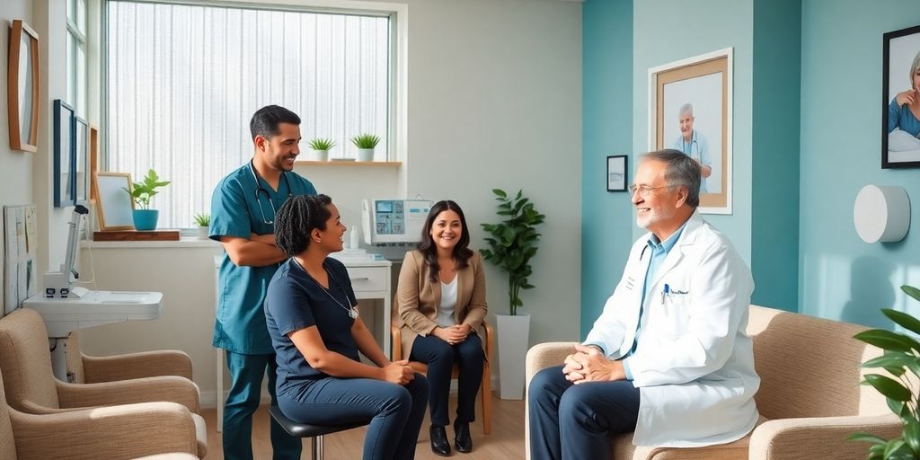 Friendly healthcare providers in a cozy clinic setting.