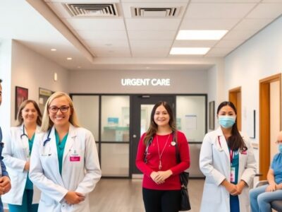 Urgent care facility with healthcare professionals and patients.