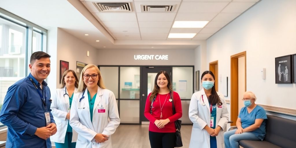 Urgent care facility with healthcare professionals and patients.