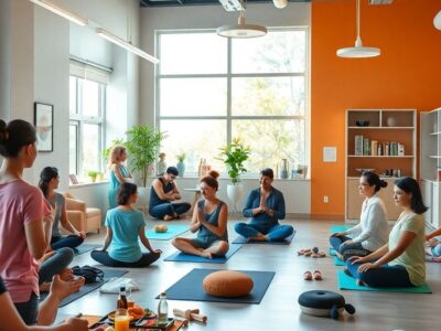 Diverse individuals practicing wellness activities in a bright setting.