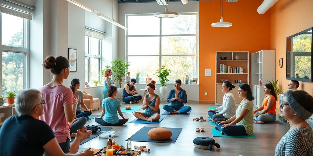 Diverse individuals practicing wellness activities in a bright setting.