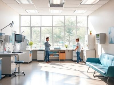 Family clinic interior with friendly staff and patients.