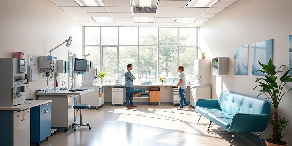 Family clinic interior with friendly staff and patients.