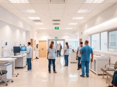 Modern clinic interior with staff and patients interacting.