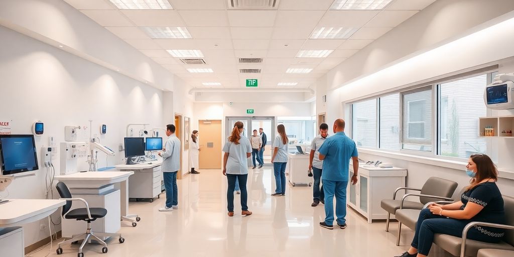 Modern clinic interior with staff and patients interacting.