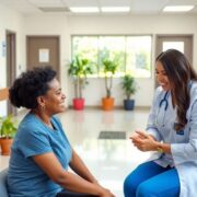 Friendly clinic staff assisting a patient in a bright space.