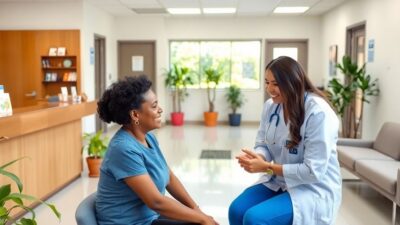 Friendly clinic staff assisting a patient in a bright space.