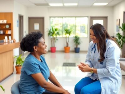 Friendly clinic staff assisting a patient in a bright space.