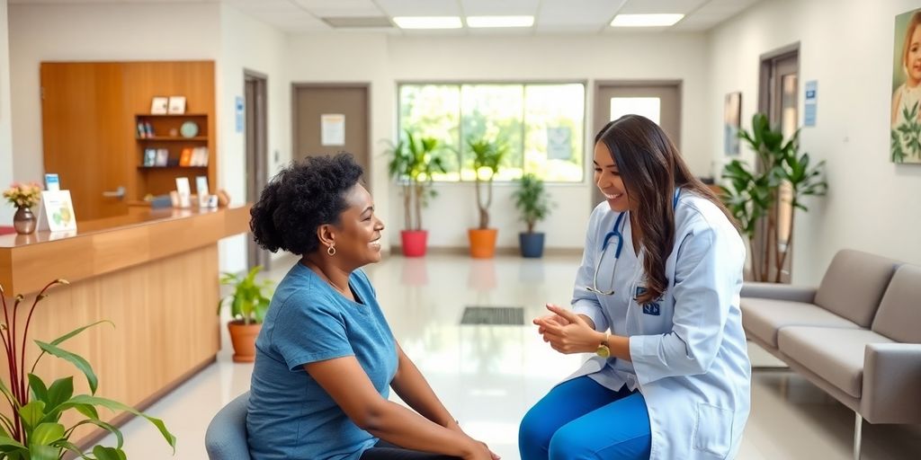 Friendly clinic staff assisting a patient in a bright space.