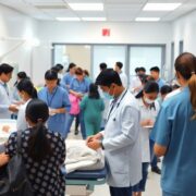 Busy medical clinic with healthcare professionals and patients.