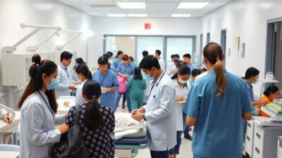 Busy medical clinic with healthcare professionals and patients.