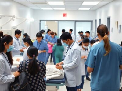 Busy medical clinic with healthcare professionals and patients.