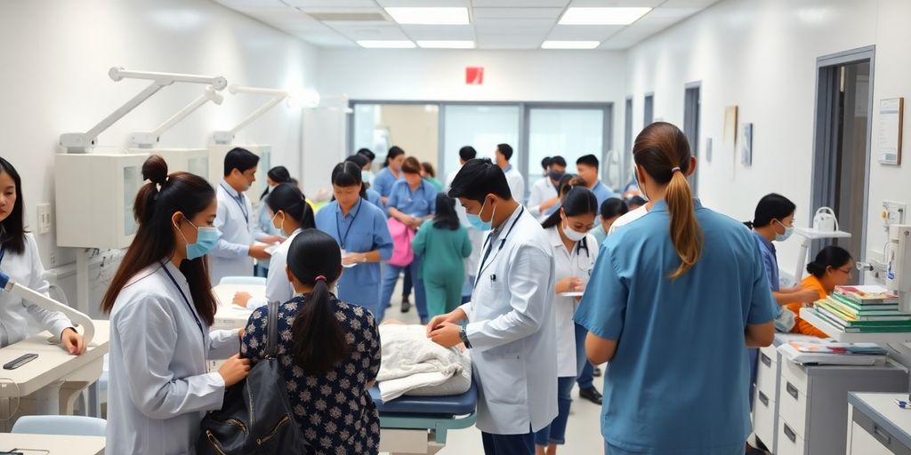 Busy medical clinic with healthcare professionals and patients.